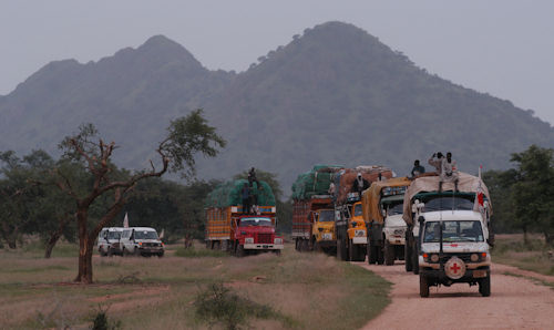 A convoy of research aid vehicles