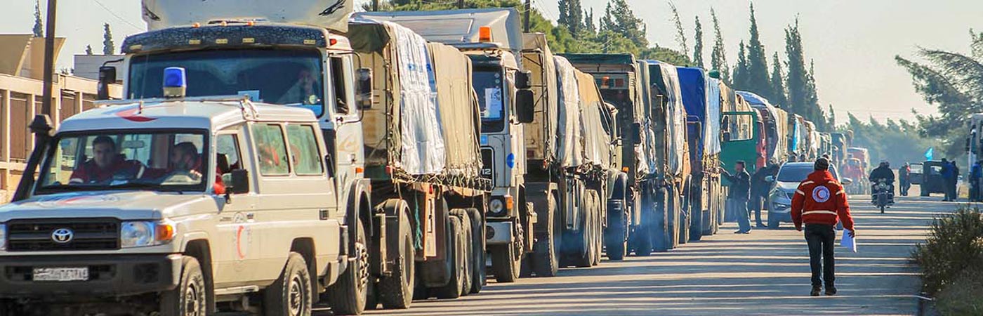 A long line of aid vehicles with a Red Crescent representative looking on