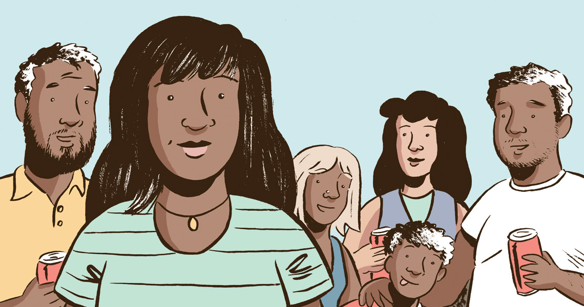 Cartoon or graphical image of several men, women and children