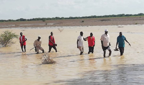 People wading through flooded land